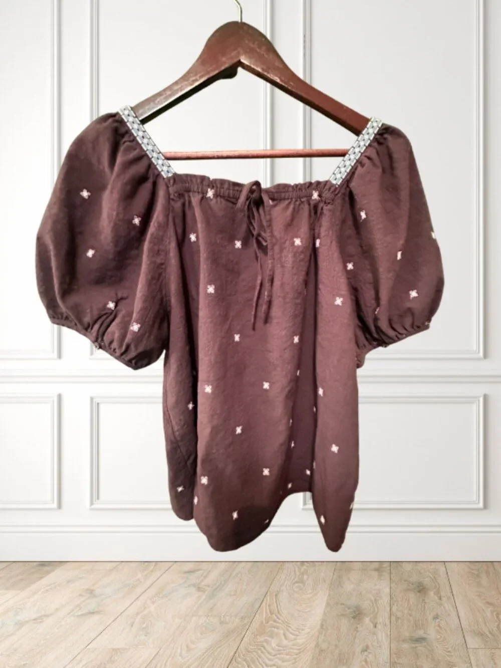 Madewell Embroidered Puff Sleeve Square Neck Top Brown Size M